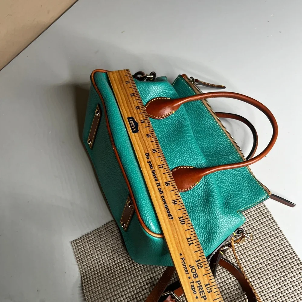 Dooney & Bourke Teal Pebbled Leather Satchel Crossbody Bag Brown Trim